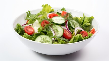 Fresh garden salad with crisp greens, tomatoes, and cucumbers in a clean white bowl on a plain background.