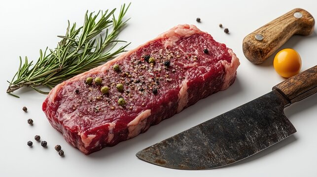 Raw top sirloin beef steak with spices and rosemary on a butcher's cleaver against a clean white background for culinary presentations