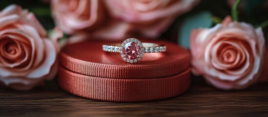 Elegant wedding ring in red gift box surrounded by pink roses on a rustic wooden surface creating a romantic atmosphere for engagements.