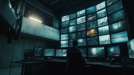 Security Operations Center:  A lone figure sits in a darkened control room, overseeing a wall of monitors displaying live feeds, symbolizing vigilance, data security, and technological prowess.