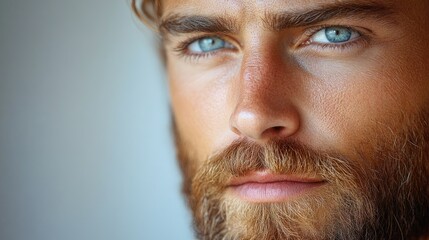 Obraz premium Bearded male portrait with expressive blue eyes against a neutral background ideal for text overlay or promotional messages