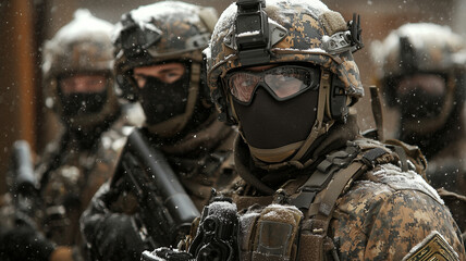 Special forces soldiers in winter camouflage gear stand alert in snowy environment, ready for counter terrorism operation. Their focused expressions and advanced equipment highlight their