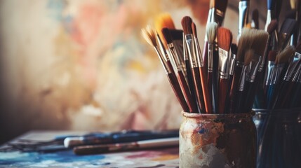 Fototapeta premium Artistic array of paintbrushes displayed in jars on a creative workspace table with colorful artistic background for inspiration and creativity.