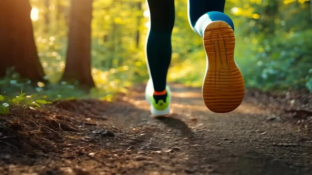A person is running through a forest with their feet in the dirt. The person is wearing yellow shoes