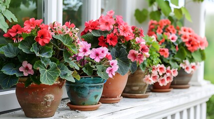 A gorgeous display of plants, featuring flowering begonias and geraniums, in colorful terra cotta pots on a white balcony