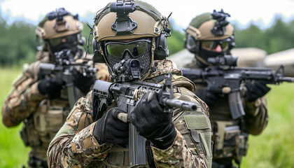 Fototapeta premium Special operations forces in tactical gear conduct high altitude operation, showcasing teamwork and precision in forested environment