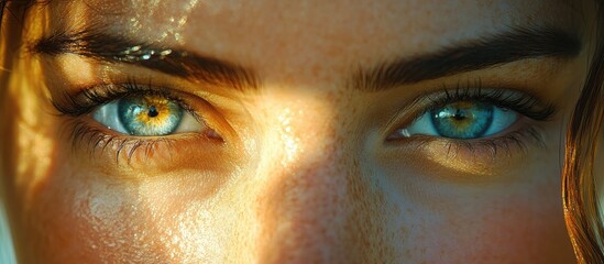 Close-up of captivating blue and green eyes with natural light highlighting their features and textures.