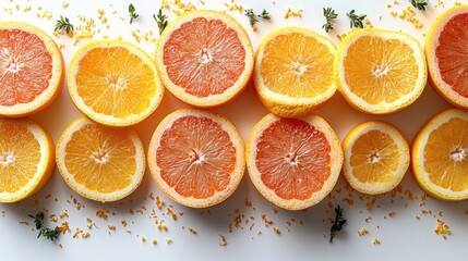 Freshly sliced yellow grapefruit arranged neatly on a white background with zest and herbs for a vibrant culinary presentation.