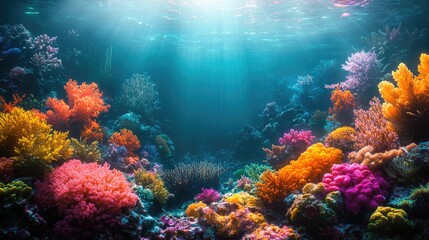 Obraz premium Vibrant coral reefs teeming with colorful marine life and aquatic plants under shimmering sunlight in clear waters
