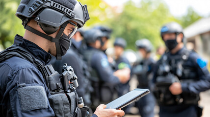 tactical team in urban environment is focused on counter terrorism operations, with members wearing protective gear and using technology for communication