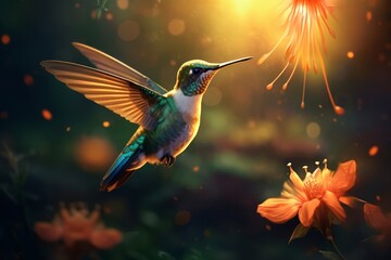 Fototapeta premium Hummingbird and Flower in Lush Emerald and Amber Tones