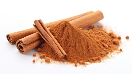 Cinnamon sticks and ground cinnamon on a white background showcasing the rich texture and vibrant color of this popular spice