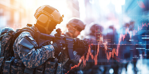 Soldiers in war zone with digital stock market overlay, highlighting intersection of military and financial sectors