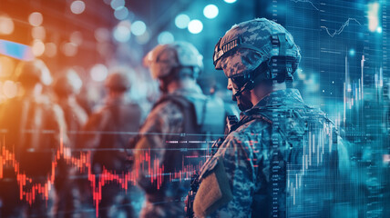 Soldiers in war zone with digital stock market overlay, highlighting intersection of military and financial elements