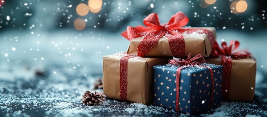 Sparkling gift boxes adorned with ribbons against a snowy backdrop holiday theme festive minimalist style winter celebration concept