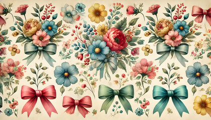 水彩風花とリボンのパターン


