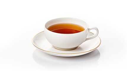 Classic white tea cup with saucer filled with rich amber tea on a pristine white background