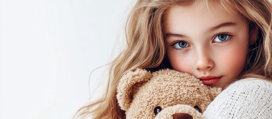 Adorable girl with teddy bear portrait showcasing warmth and innocence against a neutral background, perfect for family and childhood themes.