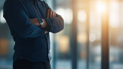 Confident Professional: A man stands confidently with his arms crossed, embodying success and determination. The image is perfect for showcasing leadership, ambition, and corporate success.