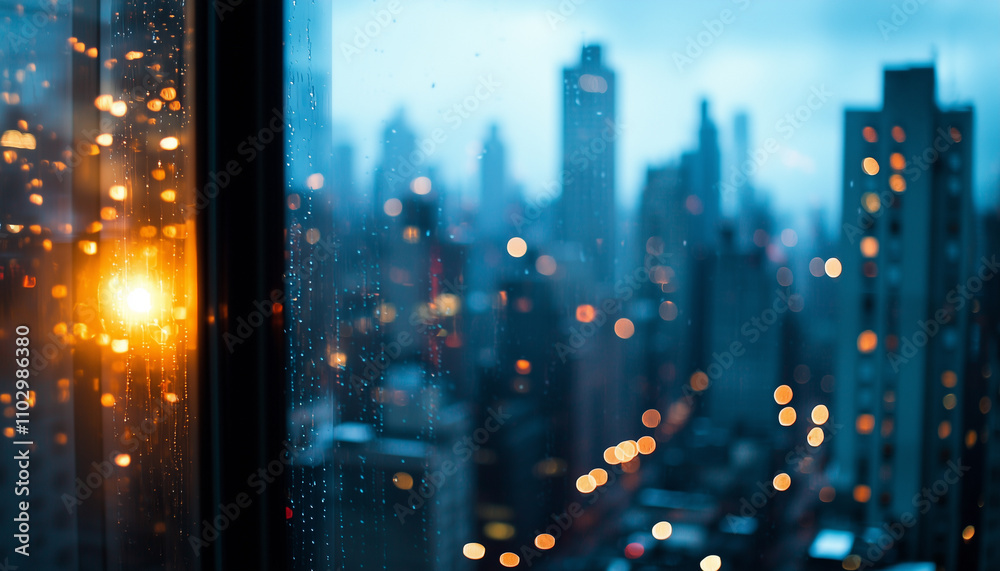 Poster city skyline at dawn with focus on single lit window, creating serene and contemplative atmosphere. blurred lights and raindrops on window add dreamy effect