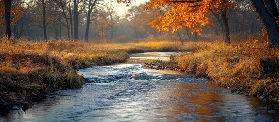 Fototapeta premium Rural river landscape with autumn foliage and serene waters creating a picturesque natural scene in golden hour light