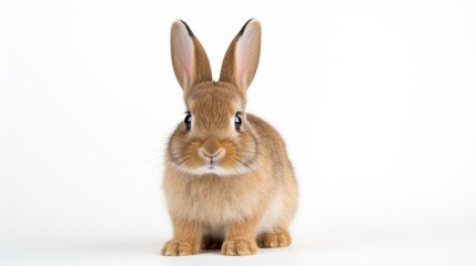 Obraz premium Adorable eight week old brown European rabbit in a tranquil pose against a clean white background showcasing its expressive features.