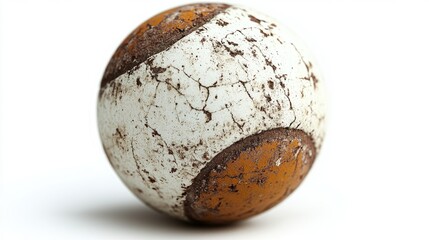 Fototapeta premium Worn tennis ball with cracked surface isolated on white background showcasing texture and vintage appeal for sports and recreation themes