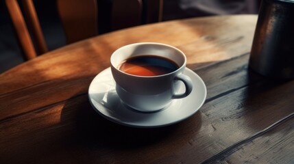 Obraz premium Aromatic coffee cup resting on a rustic wooden table in a cozy cafe ambiance with soft natural lighting