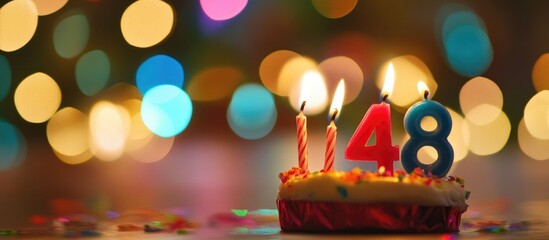 Colorful birthday cake with candles and number 48 surrounded by festive decorations in a joyful celebration setting for a special anniversary.