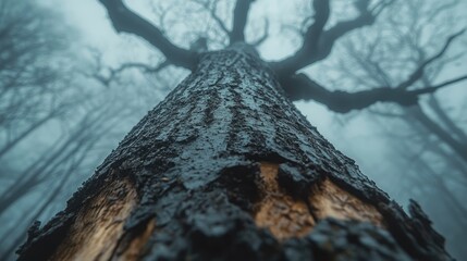 Mysterious foggy forest scene featuring a weathered dead tree trunk with cut branches and intricate bark texture.