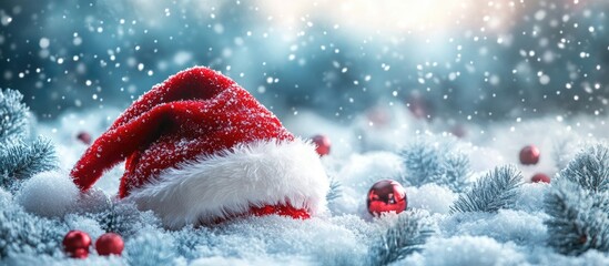 Festive winter scene with a Santa hat on snowy ground surrounded by frosty trees and Christmas ornaments creating a cozy holiday atmosphere