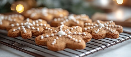 Delightful gingerbread cookies cooling on a wire rack exuding cozy aromas perfect for the holiday season and festive baking ambiance