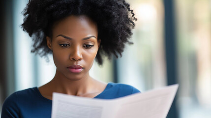 Focused Woman Reading Newspaper: A thoughtful woman with an afro deeply engrossed in reading a newspaper, showcasing her intellectual curiosity and engagement with current events.