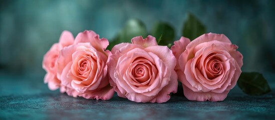 Obraz premium Close up of delicate pink roses arranged elegantly on a table showcasing their soft petals and vibrant hues against a textured background