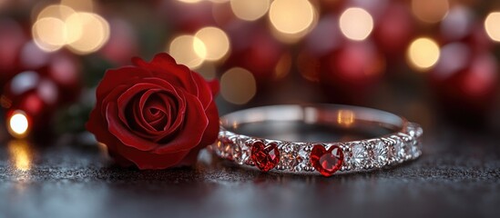 Elegant heart-shaped diamond ring with red rose on a blurred festive background perfect for romantic occasions and special celebrations