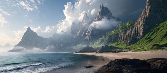 Coastal landscape featuring dramatic cliffs, lush greenery, and serene ocean waves under a cloudy sky for breathtaking natural beauty.