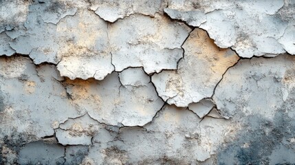 Fototapeta premium Cracked and peeling white plaster wall texture conveying a vintage grunge aesthetic ideal for backgrounds and design projects