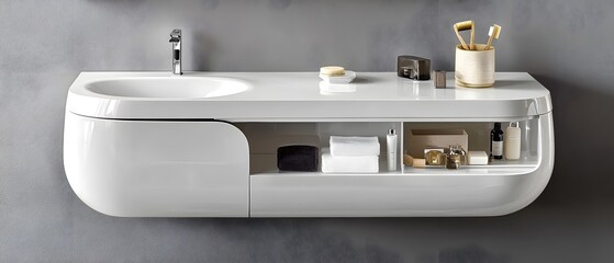 Modern bathroom vanity with sink and organized storage.