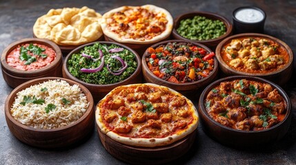 Traditional Indian and Italian food spread featuring pizza, biryani, hummus, chicken curry, tikka, korma, and samosas on a rustic backdrop.