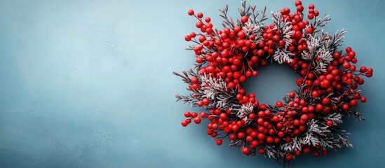 Festive red berry wreath on a textured blue background with space for personalized text or signature. Ideal for holiday greeting cards.