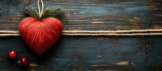 Christmas twine with red heart decoration on dark wooden background space for text festive gift wrapping and seasonal celebration theme