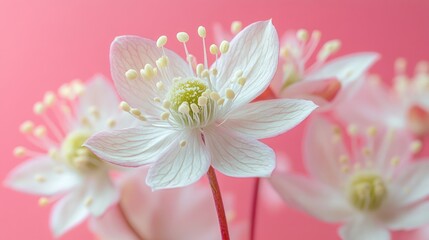 Fototapeta premium Astrantia flower corolla detail with a soft pink background showcasing delicate petals and blurred floral elements for a dreamy effect