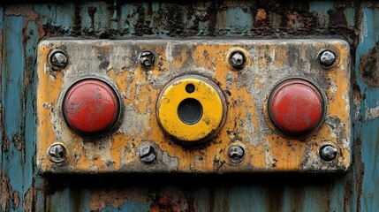 Vintage doorbell switch panel with weathered paint and rust on a textured background.