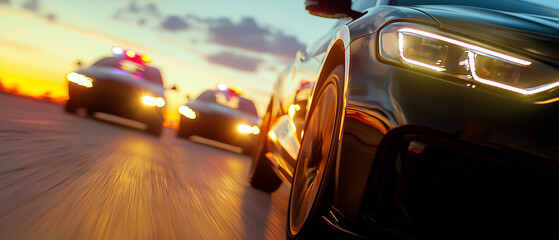 high speed chase at sunset with police cars pursuing vehicle on highway, creating tense and dramatic scene