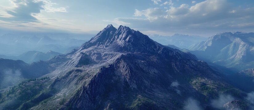 Aerial view of majestic mountain landscape showcasing rugged peaks and serene valleys under a clear blue sky in natural splendor.