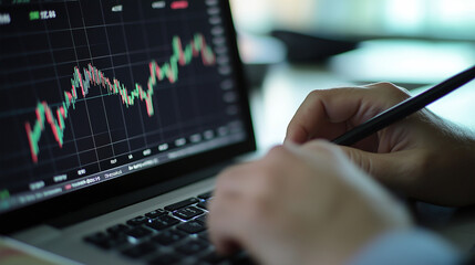 Analyzing Stock Market Trends: Close-up shot of hands analyzing stock market data on a laptop, focusing on strategic decision-making and financial analysis.