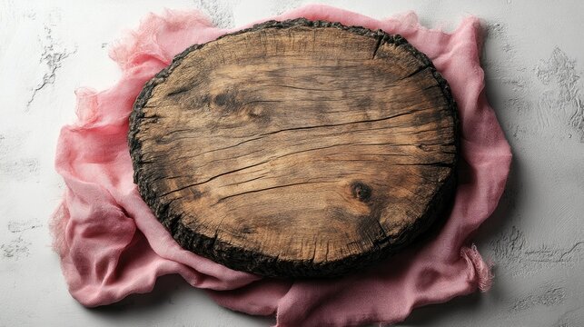 Rustic wooden cutting board on soft pink fabric atop a light textured background ideal for food presentation or culinary styling themes - Powered by Adobe
