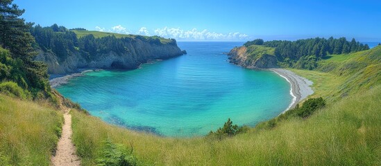 Fototapeta premium Scenic coastal bay with turquoise water surrounded by lush greenery and a winding trail leading to the beach and canyon view.
