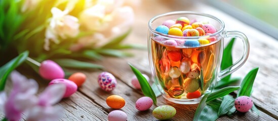 Easter themed tea arrangement with colorful candy eggs and flowers on a rustic wooden surface creating a vibrant festive atmosphere