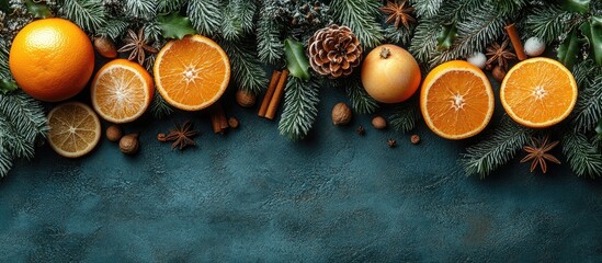 Christmas fruit arrangement with oranges apples spices and fir branches on rustic surface top view border design for holiday decorations